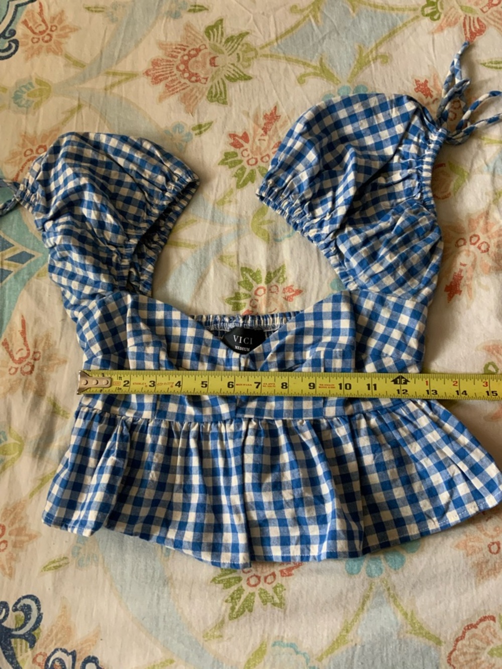Vici Blue and White Gingham Tie-Shoulder Ruffle Peplum Camisole